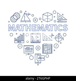 Mathematics vector outline minimal heart-shaped banner. Math Science concept linear illustration Stock Vector