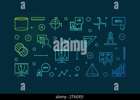 Learning Mathematics vector thin line horizontal banner - Math concept modern illustration with dark background Stock Vector
