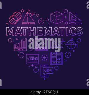 Mathematics vector thin line heart shaped colored banner - Math Science concept outline illustration with dark background Stock Vector