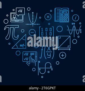 World Math Day vector thin line heart shaped blue banner - Math 8 March Holiday concept illustration with dark background Stock Vector