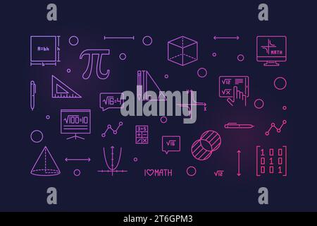 I Love Maths vector outline horizontal colored banner - Math concept concept linear illustration with dark background Stock Vector