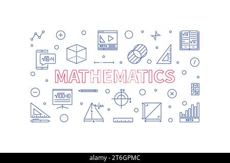 Mathematics vector outline minimal horizontal banner. Math Science concept linear illustration Stock Vector