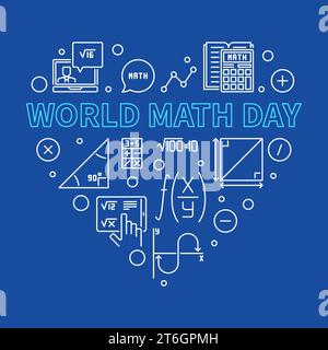 World Math Day concept vector outline heart-shaped banner - Math illustration with blue background Stock Vector