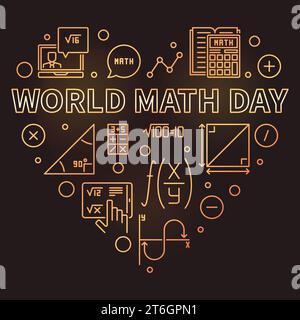 World Math Day concept vector thin line heart shaped golden banner. Math illustration with dark background Stock Vector