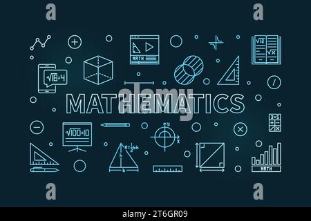 Mathematics vector thin line horizontal blue modern banner - Math Science concept outline illustration with dark background Stock Vector
