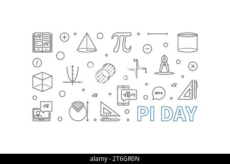 Pi Day Mathematical Constant concept vector thin line horizontal banner. Celebrate Mathematics illustration Stock Vector