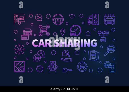 Car Sharing colorful line banner - Carsharing concept vector modern horizontal illustration on dark background Stock Vector