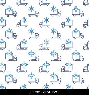 Truck Refrigerator with Snowflake vector concept thin line seamless pattern Stock Vector