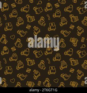 Delivery Truck simple vector thin line seamless pattern with brown background Stock Vector