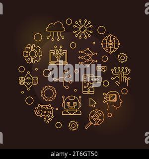 Artificial intelligence and Neural Network concept outline round vector golden banner or illustration on dark background Stock Vector