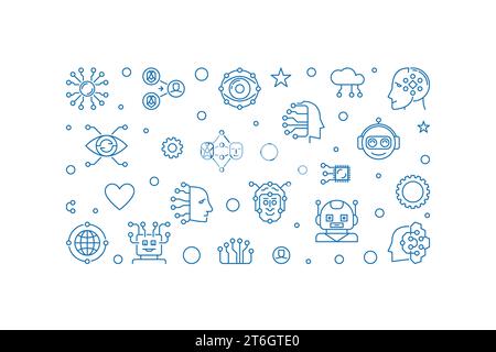 AI and Neural Network Digital Face concept outline horizontal banner. Vector illustration Stock Vector