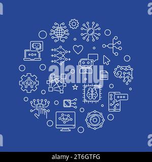 Solution concept round banner in thin line style. Vector Artificial intelligence and Neural Network illustration Stock Vector