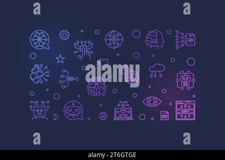 Artificial Intelligence AI concept vector horizontal outline colorful banner or illustration on dark background Stock Vector