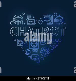 Chatbot Heart concept thin line blue banner - I Love Chat-Bots Vector heart-shaped illustration on dark background Stock Vector