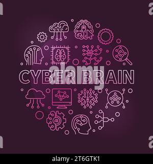 Cyber Brain concept vector round simple outline red banner or illustration on dark background Stock Vector