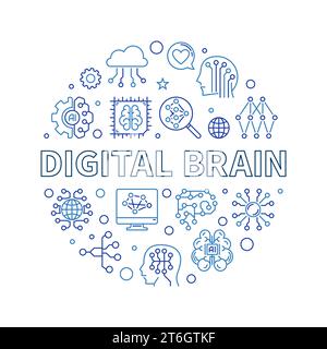 Digital Brain concept round banner in thin line style - vector illustration Stock Vector