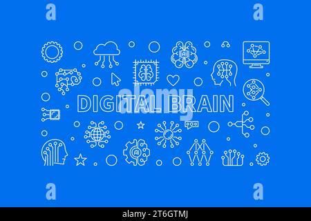 Digital Brain concept horizontal banner in thin line style - vector blue illustration Stock Vector