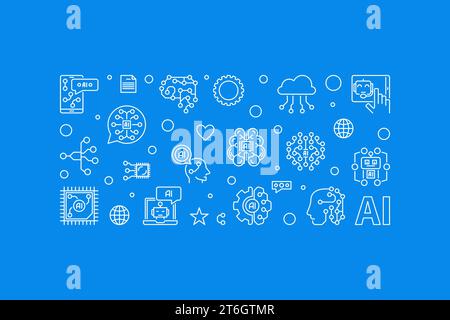 AI concept outline horizontal blue banner. Artificial Intelligence vector minimal illustration Stock Vector