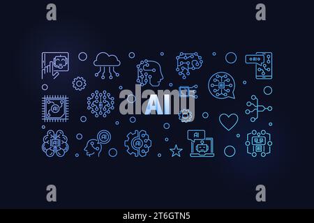 AI concept outline blue banner. Artificial Intelligence modern vector horizontal illustration on dark background Stock Vector