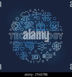 Technology concept thin line round vector blue banner - Artificial intelligence and Neural Network illustration on dark background Stock Vector