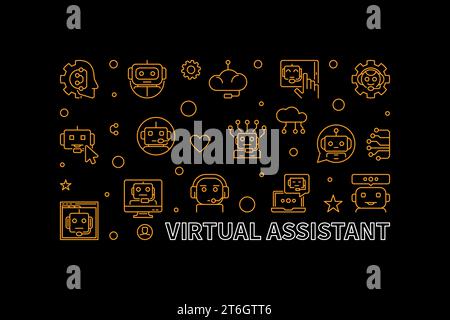 Virtual Assistant concept thin line horizontal banner. Vector Online Chat and Chatbot illustration Stock Vector