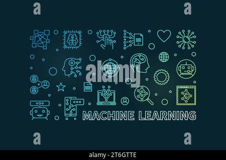 Machine Learning concept thin line horizontal colored banner. ML Technology vector illustration on dark background Stock Vector