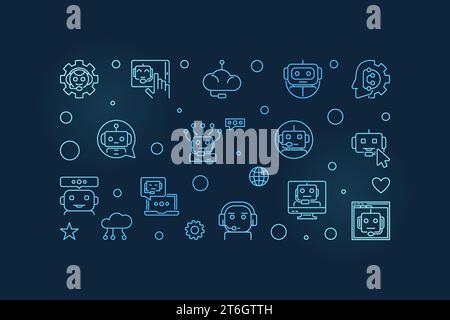Virtual Assistant or Chat-Bot Technology concept blue outline horizontal banner. Chatbot vector illustration on dark background Stock Vector