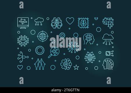 Artificial Intelligence Digital Brain Technology concept outline horizontal vector colorful banner or illustration on dark background Stock Vector