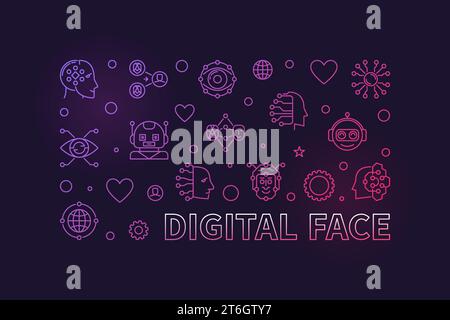 Digital Face concept linear horizontal minimal vector colorful banner - AI Bot Technology illustration on dark background Stock Vector