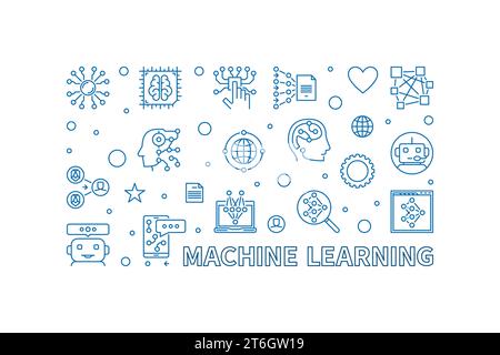 Machine Learning concept outline horizontal banner - vector ML Technology linear illustration Stock Vector