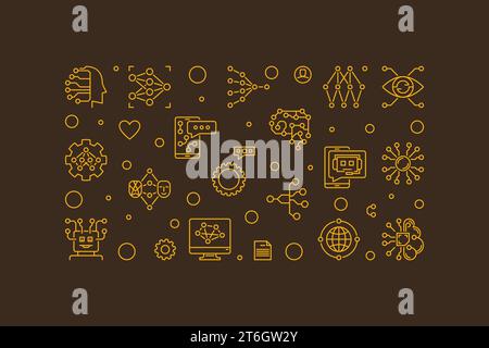 ML or Machine Learning concept horizontal yellow banner in thin line style. Vector illustration Stock Vector
