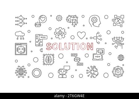 Solution thin line horizontal banner - Vector Neural Network and AI Technology concept linear illustration Stock Vector