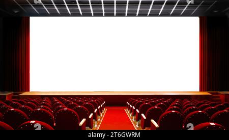 Empty red cinema seats with blank white screen Stock Photo