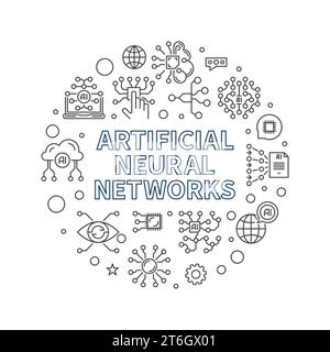 Artificial Neural Networks concept thin line circle shaped minimal banner. Vector AI Networks illustration Stock Vector