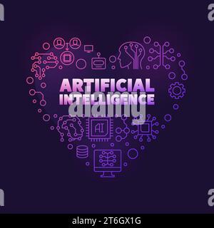 Artificial Intelligence Heart purple outline banner. AI concept heart-shaped illustration with dark background Stock Vector