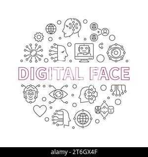Digital Face concept outline round minimal banner. Vector AI Bot Technology illustration Stock Vector
