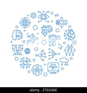 ML or Machine Learning concept circle shaped blue banner in thin line style. Vector illustration Stock Vector