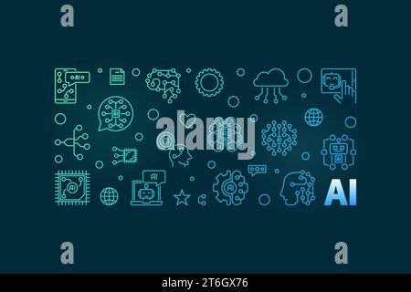 AI concept outline colored banner. Artificial Intelligence vector line horizontal illustration on dark background Stock Vector