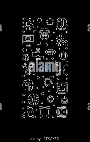 ML - Machine Learning Technology concept vector thin line vertical banner or illustration on dark background Stock Vector