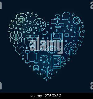 Artificial Intelligence Heart outline blue banner - AI and ML Technology concept illustration with dark background Stock Vector