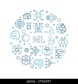 ML concept round banner in outline style. Vector Machine Learning illustration Stock Vector