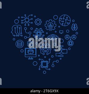 Machine Learning Technology - ML Heart concept vector thin line blue banner or illustration Stock Vector
