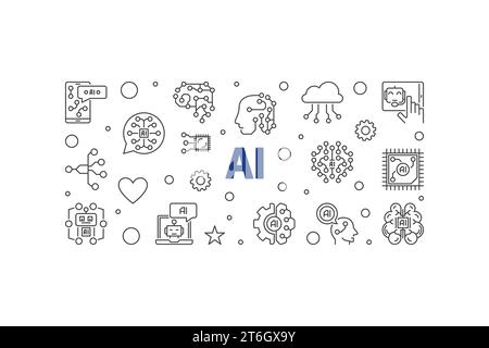 AI concept thin line horizontal banner - Artificial Intelligence vector illustration Stock Vector