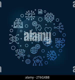 Artificial Neural Networks concept linear round blue banner - vector Information Processing illustration on dark background Stock Vector