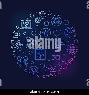 Machine Learning linear round colored banner. ML concept vector cirlce-shaped illustration on dark background Stock Vector
