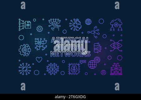 Artificial Neural Networks concept outline horizontal colored banner - vector AI Networks illustration on dark background Stock Vector