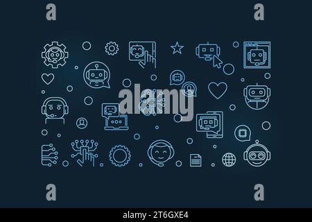 Chatbot Technology concept outline blue banner - Chatter Bot vector horizontal illustration on dark background Stock Vector