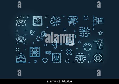Artificial Neural Networks concept linear blue horizontal banner - vector Information Processing illustration on dark background Stock Vector