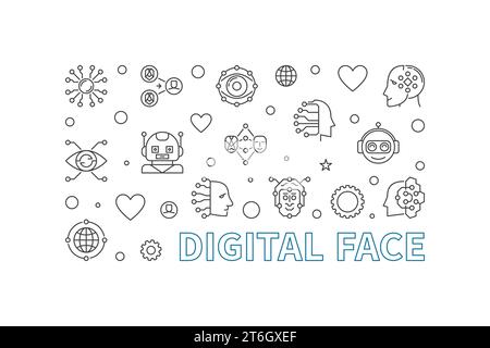 Digital Face concept thin line horizontal minimal banner. Vector AI Bot Technology illustration Stock Vector