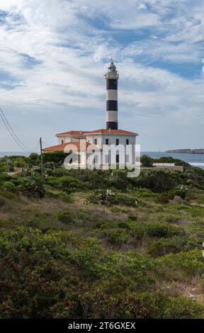 General view of the lighthouse of the Majorcan town of Portocolom, at dawn on an autumn day. Spain Stock Photo
